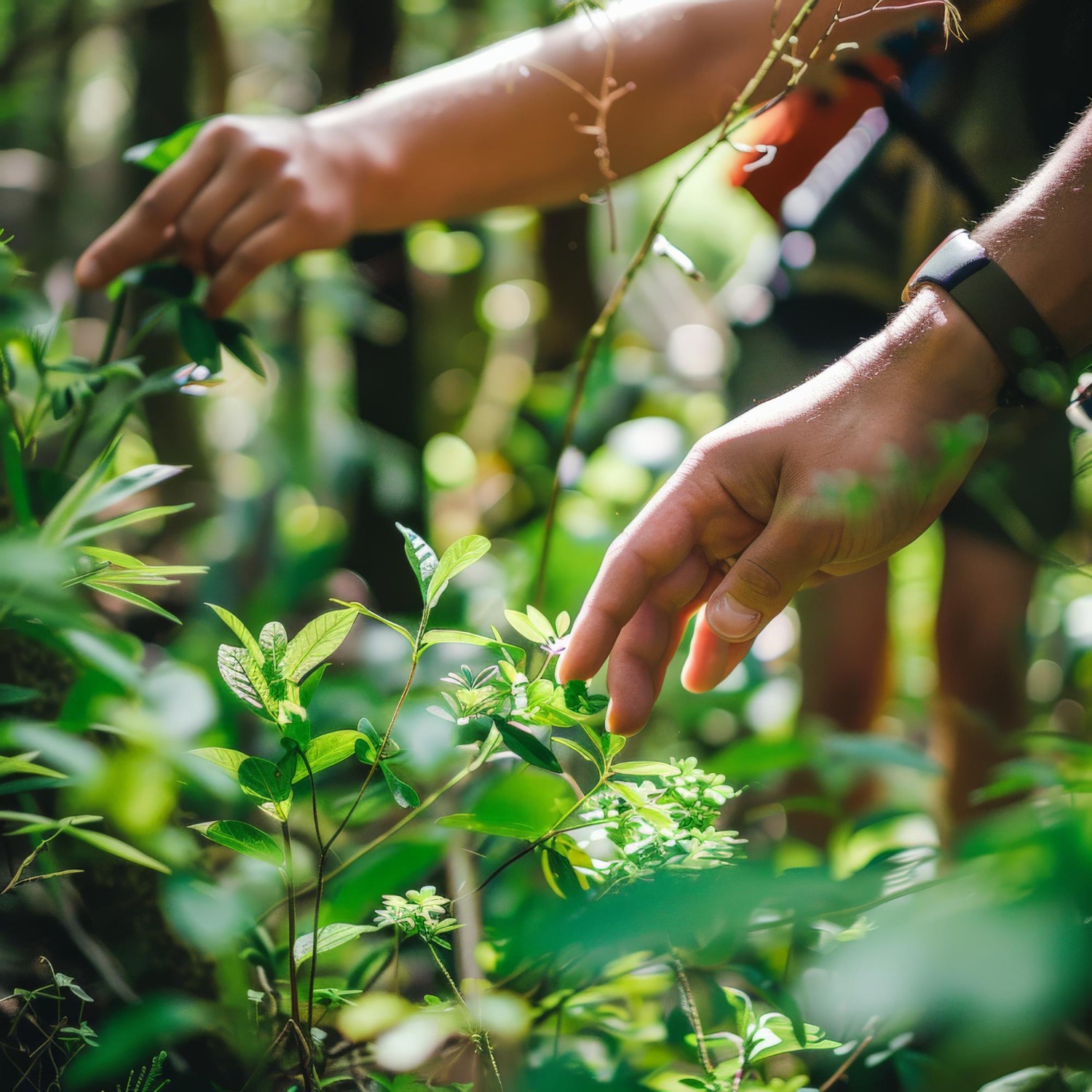 Hands gently foraging medicinal herbs in a Kerala forest
