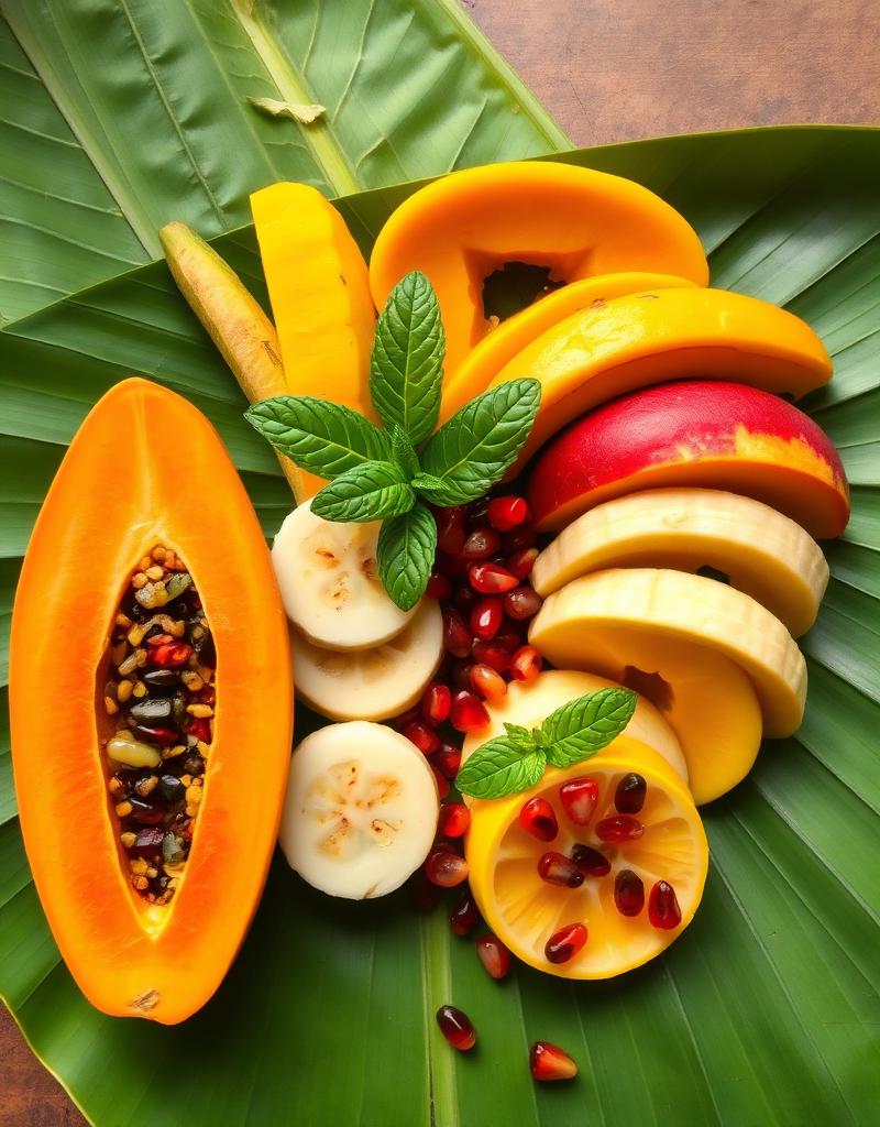 Fresh seasonal Kerala fruits on banana leaf
