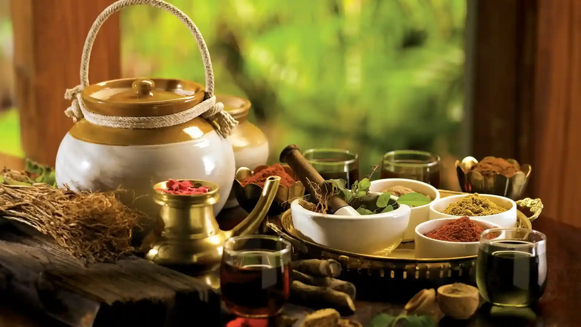 Traditional Kerala Ayurveda herbs, brass vessels and spices